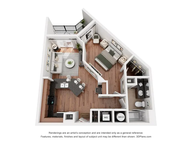 Elegant 3D floor plan showcasing one-bedroom apartment with open kitchen, cozy living area, private balcony, and modern bathroom.