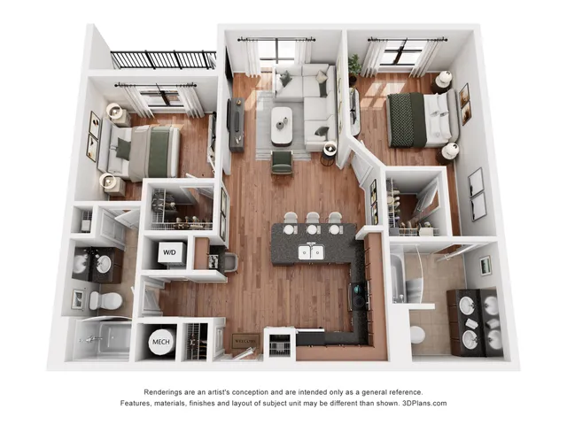 Elegant 3D floor plan displaying a modern 2-bedroom apartment with open-concept living and dining areas, a sleek kitchen, and two stylish bathrooms.