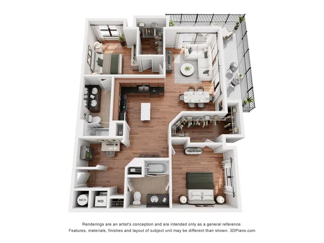 Elegant 3D apartment floor plan featuring 2 bedrooms, 2 bathrooms, modern kitchen, and spacious living area with balcony access.