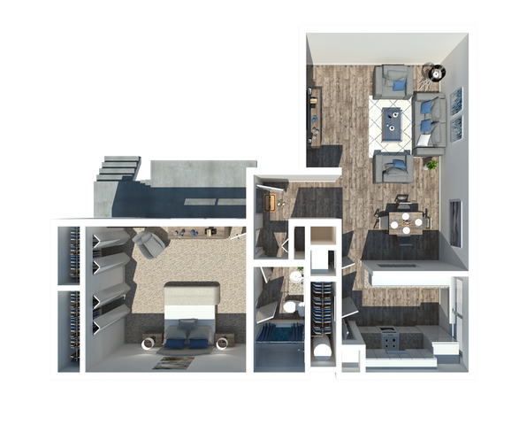 Contemporary 3D floor plan showcasing a spacious living area, stylish kitchen, and cozy bedroom with ample storage.