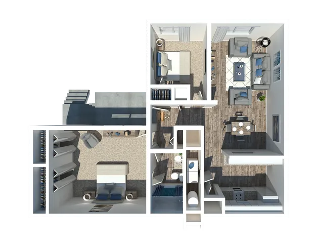 3D floor plan showcasing a modern 2-bedroom apartment with a cozy living room, elegant kitchen, and stylish dining area.