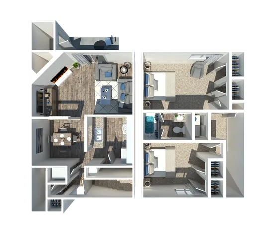 Modern floor plan showcasing a spacious 2-bedroom apartment with a cozy living room, elegant dining area, and contemporary kitchen design.