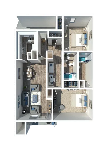 Modern 3D floor plan showcasing two cozy bedrooms, a sleek kitchen, inviting living room, and stylish dining area with elegant finishes.