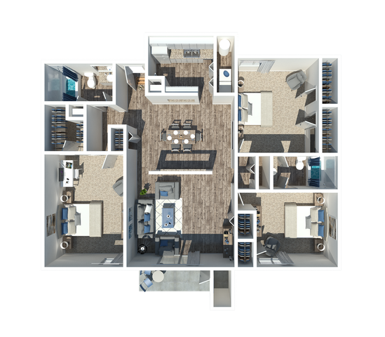 Elegant 3D apartment floor plan featuring 3 bedrooms, a modern kitchen, open living and dining areas, and stylish interiors.