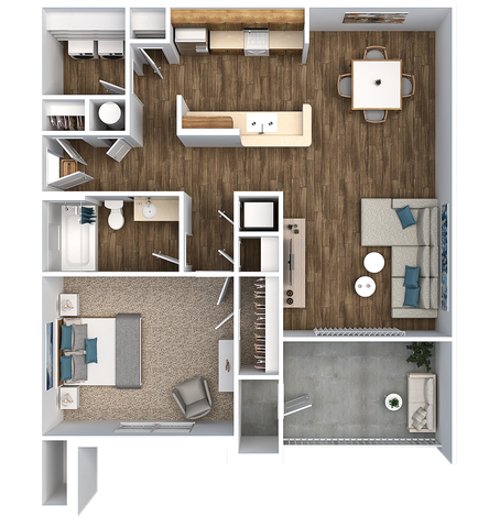 Modern 3D floor plan showcasing a cozy 1-bedroom layout with a spacious open kitchen, inviting living room, and private balcony.