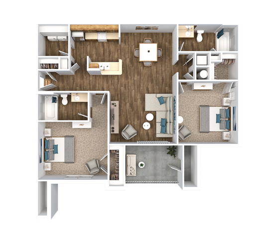 Charming 3D floor plan showcasing 2 bedrooms, modern kitchen, cozy living room, and elegant dining area with ample storage space.