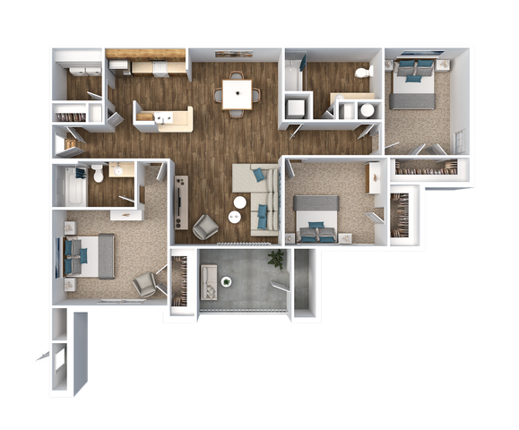 Chic apartment layout showcasing 3 bedrooms, an open living area, and a modern kitchen with a sleek dining space. Featuring two bathrooms and a private patio for enhanced comfort and style.