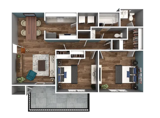Modern 3D floor plan featuring elegant wooden flooring, 2 spacious bedrooms, a stylish living room, and a contemporary kitchen with ample dining space.