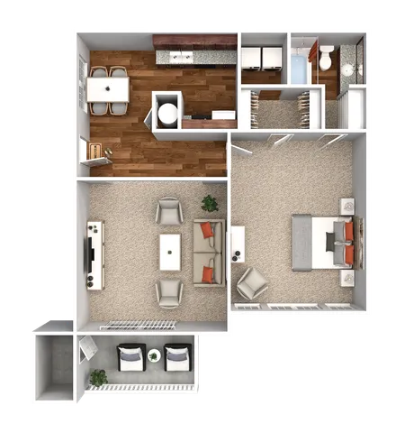 Modern 1-bedroom apartment floor plan boasting open-concept living and dining area, sleek kitchen, cozy bedroom, and stylish balcony.