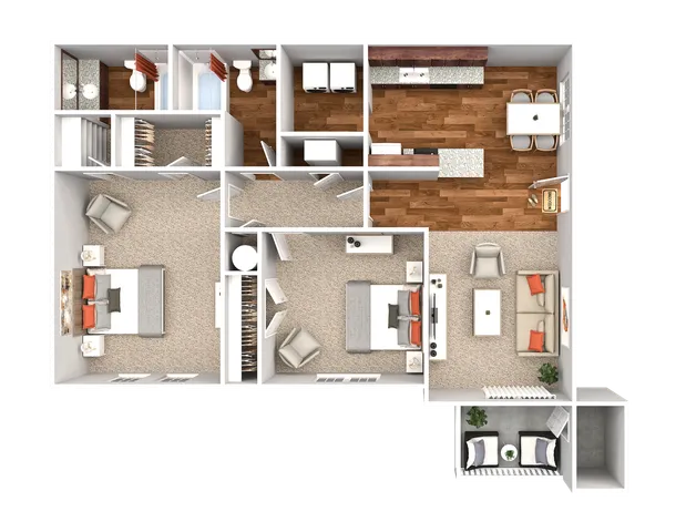 Modern 3D floor plan featuring 2 bedrooms, 2 bathrooms, a spacious open-concept living area, and a contemporary kitchen with elegant wood flooring.