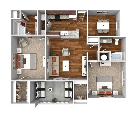 Modern apartment floor plan showcasing 2 bedrooms, elegant open-concept living area, and gourmet kitchen with chic finishes.