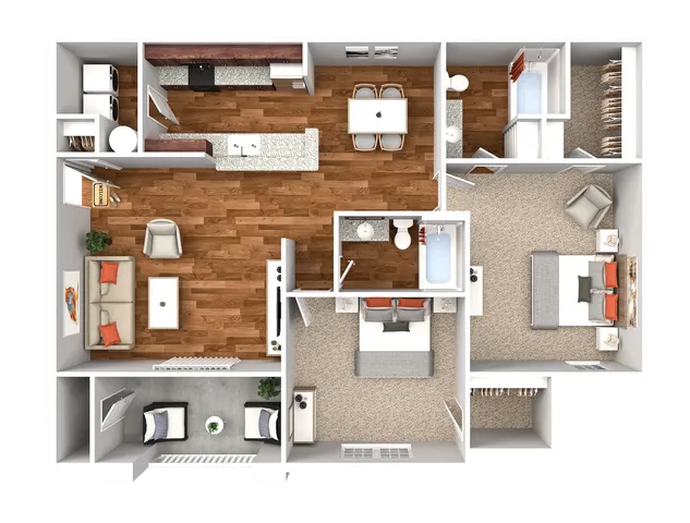 Elegant 3D floor plan showcasing 2 bedrooms, 2 bathrooms, an inviting living area, and a modern kitchen with dining space. Includes a convenient laundry area, ideal for comfortable living.