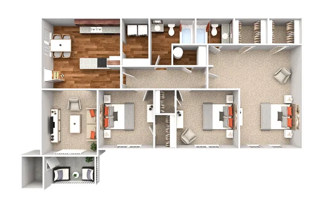 Modern 3D floor plan showcasing three spacious bedrooms, open-plan kitchen with dining area, two bathrooms, and a cozy living room, perfect for comfortable family living.