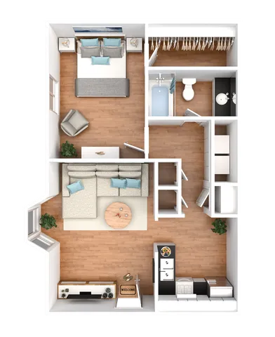 Charming 1-bedroom apartment floor plan with a cozy living area, modern kitchen, and elegant bathroom, featuring stylish wood flooring and vibrant decor.