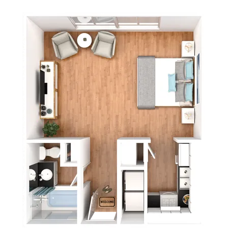 Chic studio apartment floor plan with a cozy living area, comfortable sleeping space, modern kitchen, and a stylish bathroom.