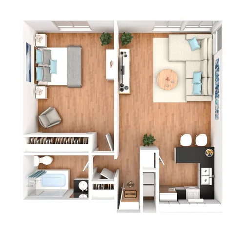 Inviting 1-bedroom apartment floor plan featuring a cozy living area, modern kitchen with breakfast bar, and elegant bathroom with a tub.