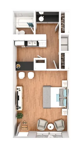 Contemporary studio apartment floor plan showcasing an open living area, modern kitchen, cozy bedroom space, and a well-designed bathroom.