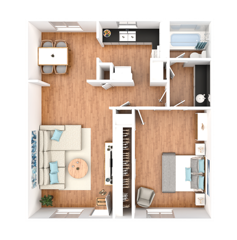 Inviting open floor plan showcasing a single bedroom, elegant living area, modern kitchen, and stylish bathroom.
