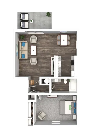 Modern 1-bedroom apartment floor plan featuring an open living room, well-appointed kitchen, and inviting balcony.