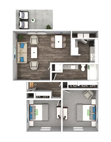 Contemporary floor plan showcasing 2 cozy bedrooms, open living and dining area, modern kitchen, and inviting balcony space.