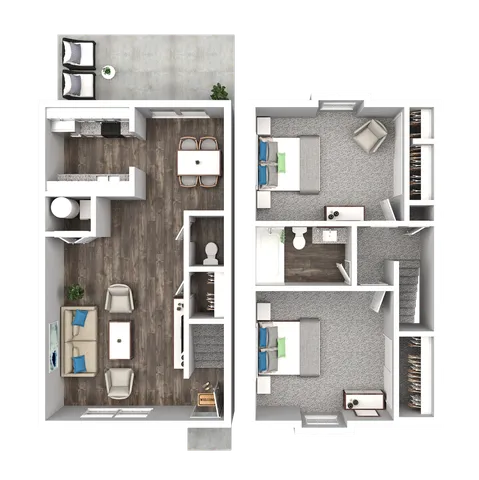 Modern 2-story floor plan with two cozy bedrooms, stylish open-concept living room, and contemporary kitchen, featuring a charming outdoor patio.