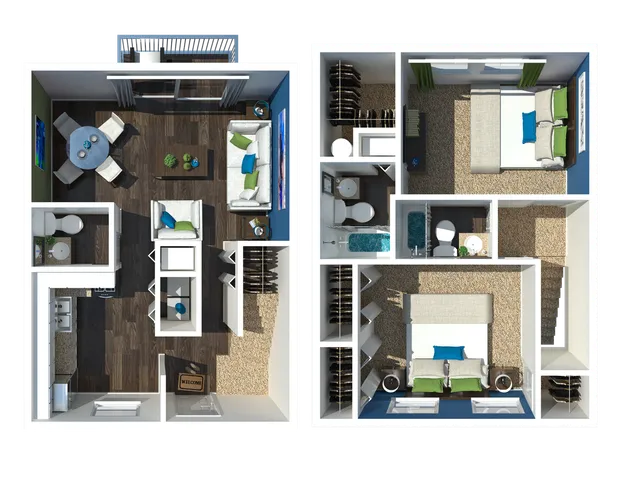 Modern 2D floor plan showcasing a sleek two-bedroom apartment with two bathrooms, a contemporary kitchen, and a spacious living-dining area, perfect for comfortable living.