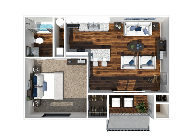 Modern 3D floor plan showcasing a luxurious one-bedroom apartment with open-concept living and dining area, elegant kitchen, stylish bathroom, and private balcony.