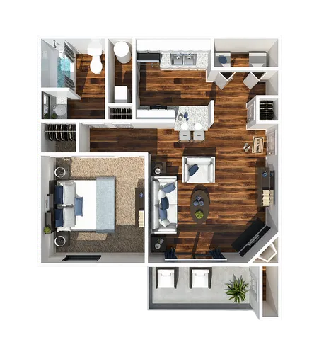 Contemporary floor plan showcasing a spacious one-bedroom apartment with an open-concept living area, modern kitchen with island, stylish bathroom, and cozy balcony.