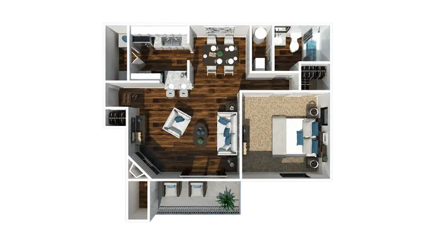 Elegant floor plan showcasing a spacious bedroom, modern kitchen with dining area, and cozy living room with stylish furniture.