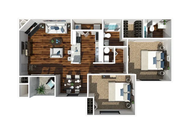 Modern apartment floor plan with two spacious bedrooms, an open-concept kitchen and living area, elegant dining space, and sleek hardwood floors.
