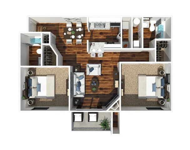 Elegant 3D floor plan showcasing 2 spacious bedrooms, a modern open-concept kitchen and living area, and a stylish dining room. Features rich wooden flooring and a cozy balcony.