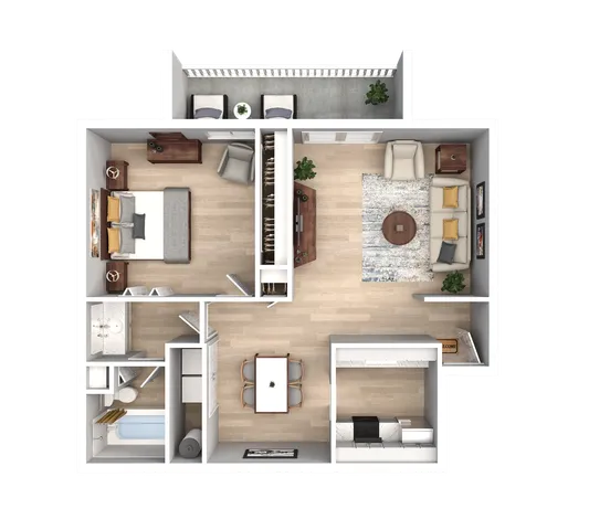 Chic 2D floor plan featuring a spacious bedroom, cozy living room, modern kitchen with dining area, and a stylish balcony.