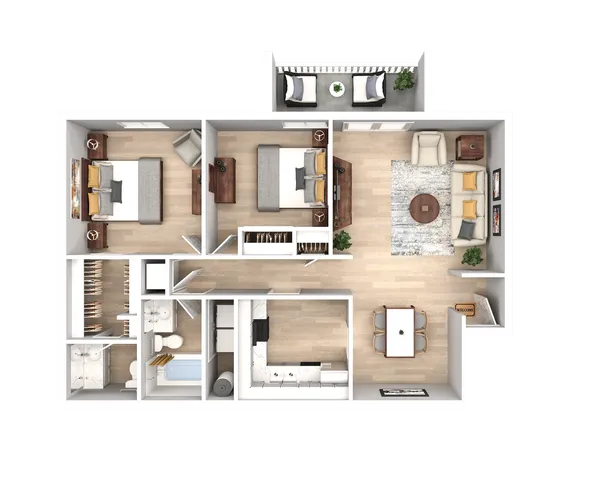Modern 3D floor plan with two cozy bedrooms, open-concept living and dining area, contemporary kitchen, and a charming balcony retreat.