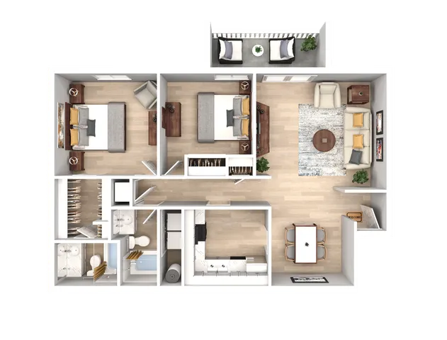 Contemporary 3D floor plan featuring 3 bedrooms, a bright open living area, modern kitchen, and outdoor balcony.
