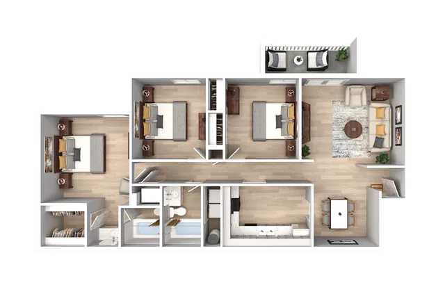 Elegant 3D floor plan showcasing 3 bedrooms, spacious living room, modern kitchen, and a cozy balcony.