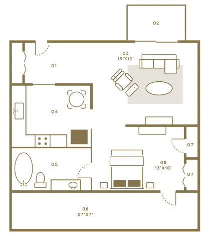 Elegant 2D floor plan showcasing open living areas, modern kitchen, spacious bedroom, and inviting outdoor terrace.