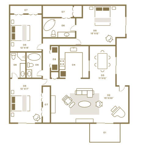 Elegant floor plan with two spacious bedrooms, luxurious living area, modern kitchen, and dining space.