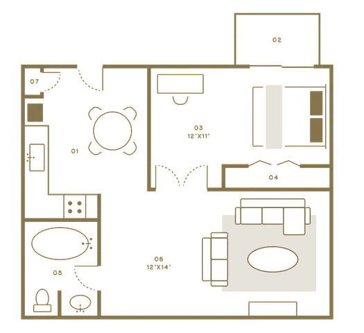Chic floor plan showcasing a spacious 1 bedroom apartment with an open living-dining area, modern kitchen, and elegant bathroom layout.