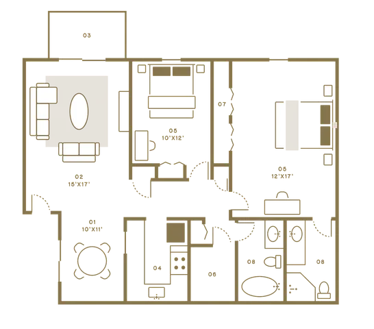Elegant 2D floor plan featuring two spacious bedrooms, a cozy living room, a modern kitchen, and a stylish dining area, perfect for comfortable living.