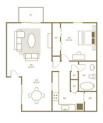 Elegant floor plan showcasing a modern open-concept living room, dining area, and spacious kitchen alongside a luxurious bedroom and ample storage.