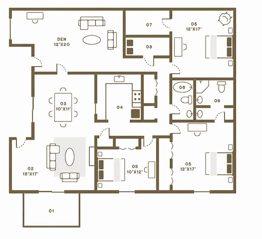 Elegant floor plan showcasing a spacious layout with 3 bedrooms, den, open dining area, and kitchen, complete with modern amenities.