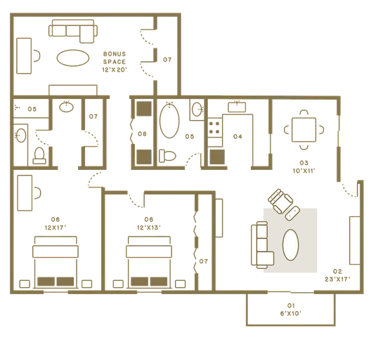 Elegant floor plan showcasing a spacious layout with 3 bedrooms, bonus room, modern kitchen, and inviting living area.