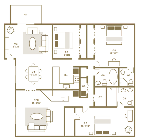 Elegant floor plan featuring three bedrooms, a stylish open-concept living and dining area, a modern kitchen, and a luxurious bathroom layout.