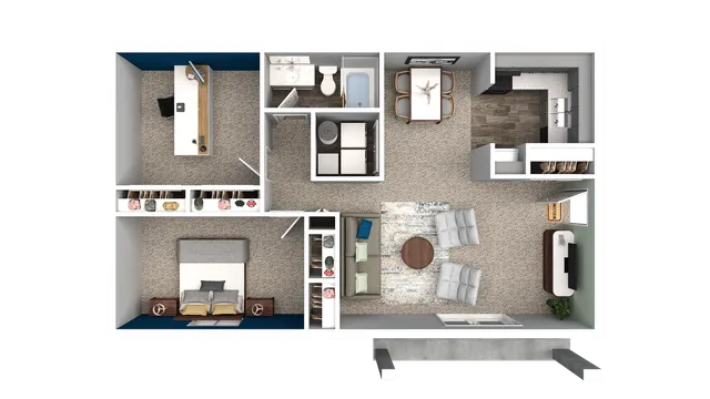 Modern open-concept floor plan showcasing 1 bedroom apartment with spacious living area, stylish kitchen, dedicated office space, and elegant bathroom.