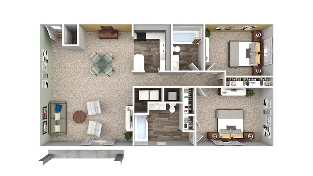 Modern floor plan showcasing a chic apartment with two spacious bedrooms, an open living area, stylish kitchen, and two sleek bathrooms.