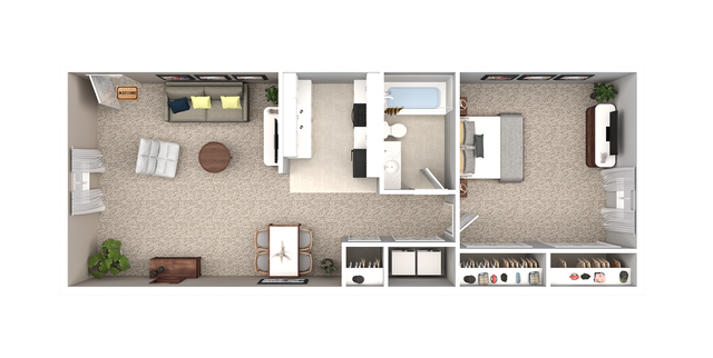 Modern 2D floor plan featuring a stylish living area, cozy bedroom, functional kitchen, and elegant dining space.