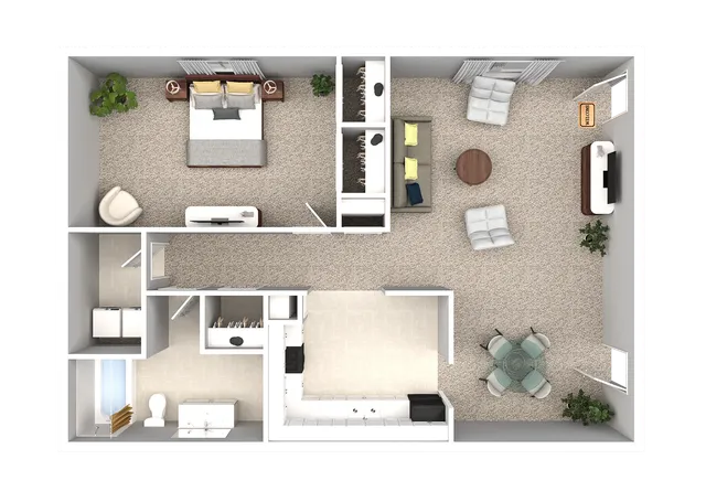 Modern 2D floor plan featuring a spacious bedroom, cozy living area with stylish seating, and a functional kitchen. Includes ample storage and a well-appointed bathroom.