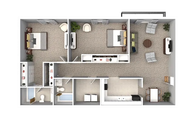 Chic 3D floor plan showcasing two spacious bedrooms, open living area, modern kitchen, and two bathrooms, designed for comfort and style.