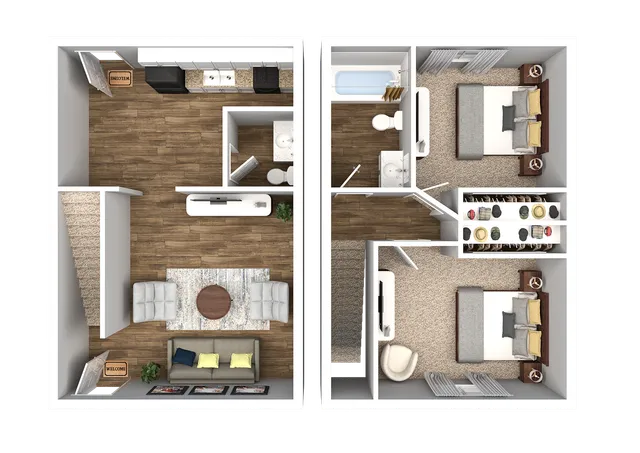 Charming 2-bedroom apartment floor plan featuring open-concept living area, modern kitchen, and stylish bathrooms.