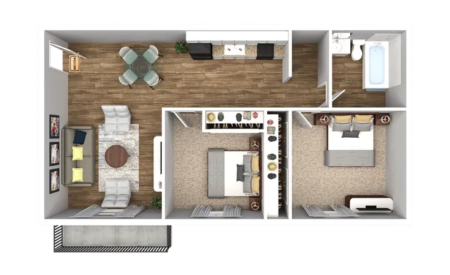 Contemporary 2D floor plan showcasing two cozy bedrooms, a sleek open-plan living area with distinctive decor, and a modern kitchen with wood flooring.